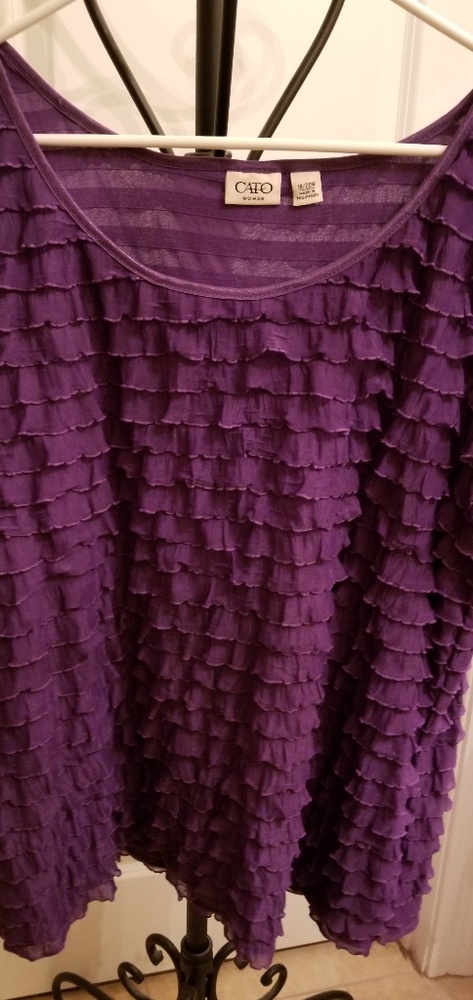 Purple, short sleeve blouse w/sheer, shiny ruffles